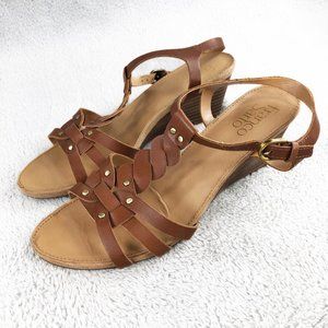 Franco Sarto T-Strap Wedge Heel Sandals Brown Women's Shoe Size 6.5